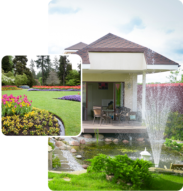 Garden with colorful flowers and fountain